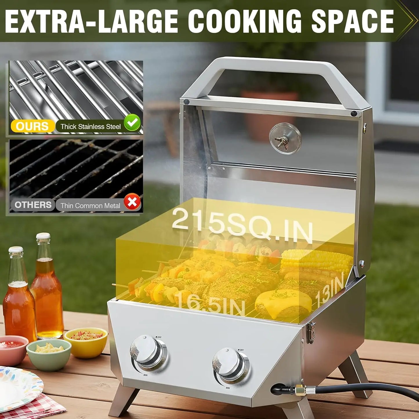 Porterhouse 20000 BTU Tabletop Gas Grill With Glass Lid 2 Burners