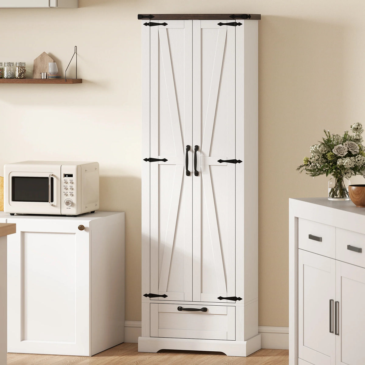HOMCOM Farmhouse Pantry Cabinet With Barn Doors And Adjustable Shelves