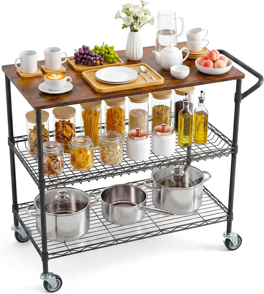 HiMISS Rolling Kitchen Cart With Wood Top And Lockable Wheels