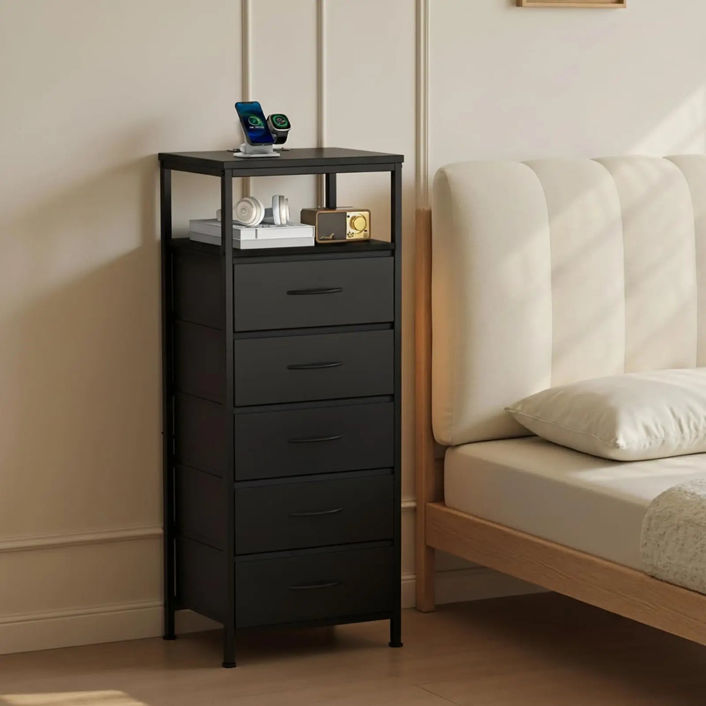 JHK 5-Drawer Dresser Nightstand With USB Charging Station