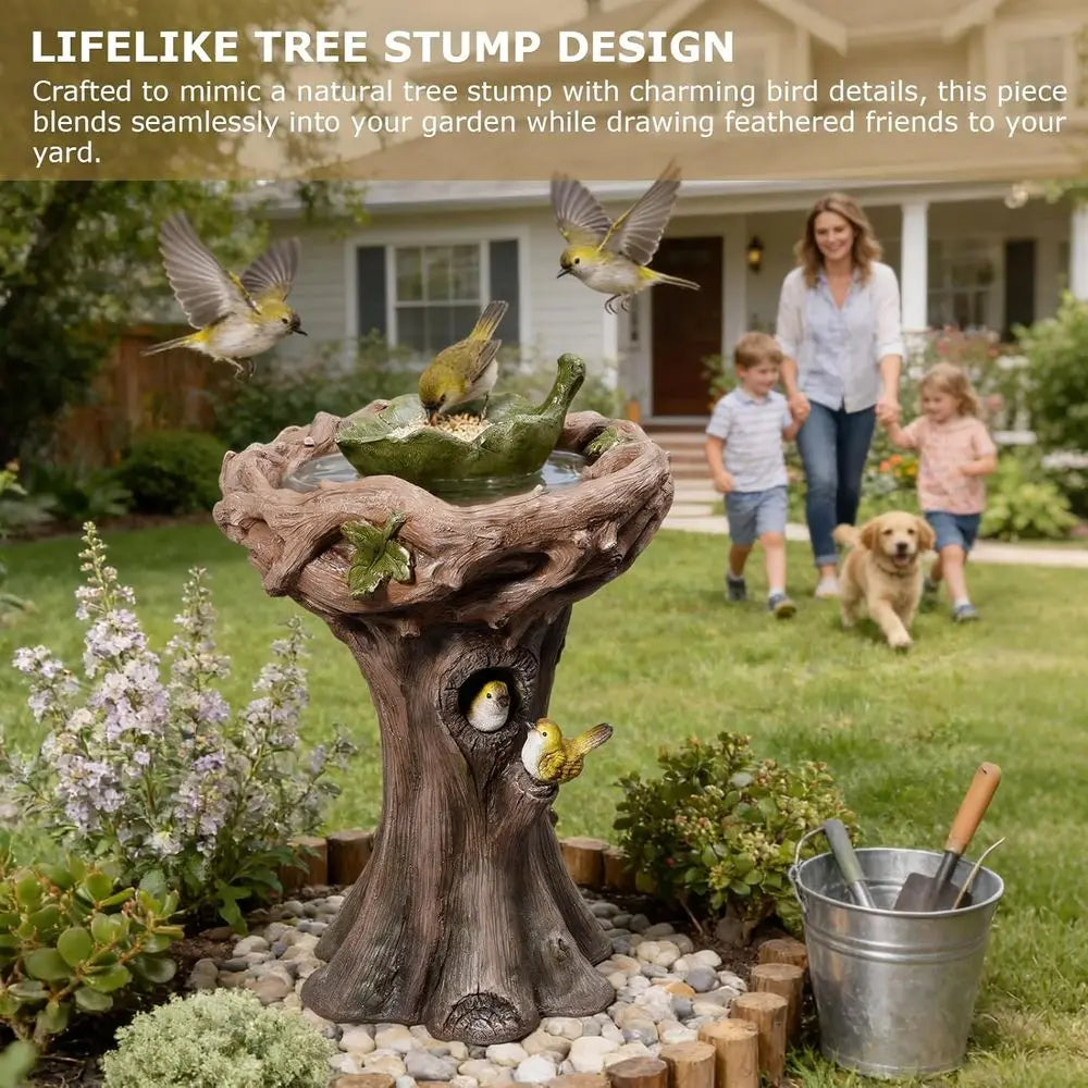 Tree Trunk Bird Bath Outdoor Resin With Removable Feeding Bowl