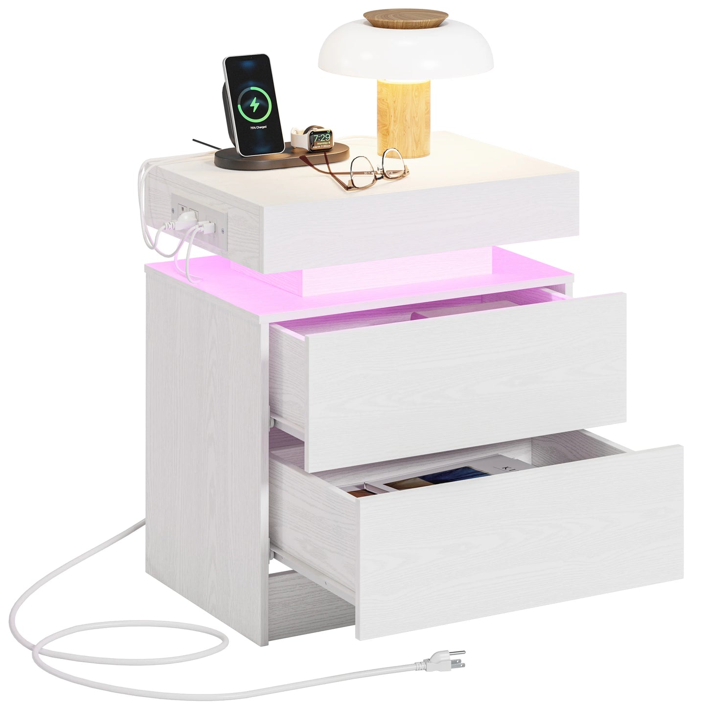 LIKIMIO Nightstand With Charging Station And Led Light Drawers