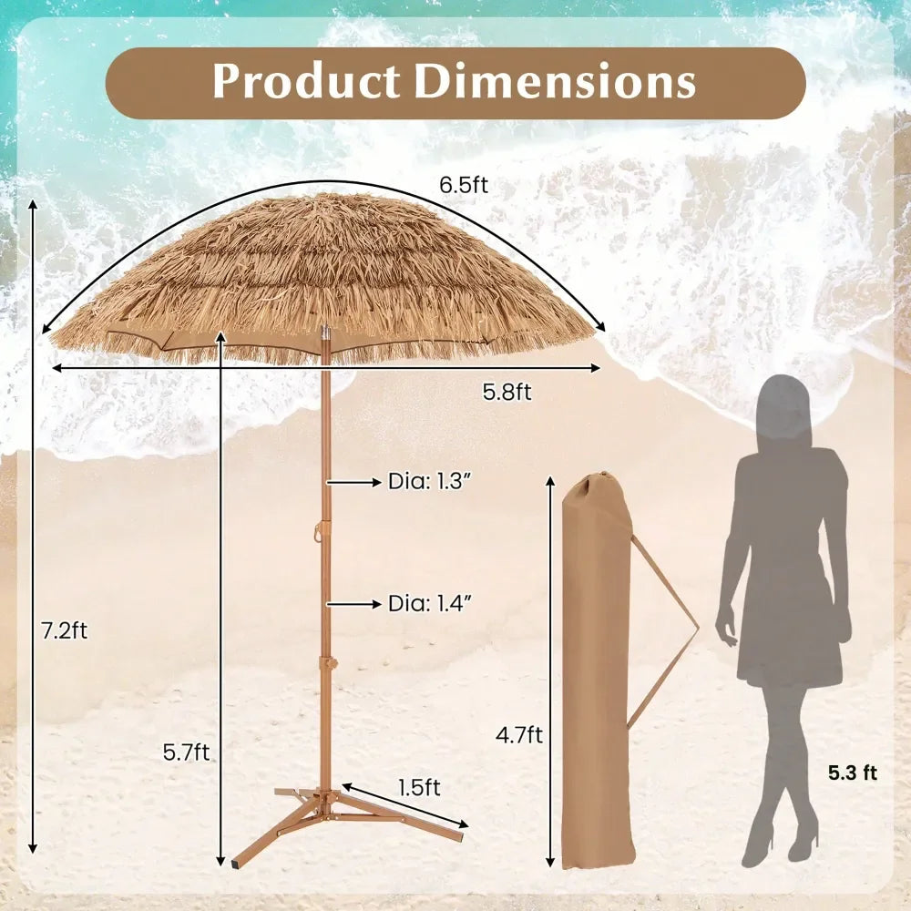 Thatched Tiki Umbrella With Foldable Stand Hawaiian Style Beach
