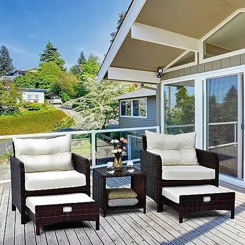 Outdoor Rattan Patio Furniture Set 5 Pieces With Ottomans And Coffee Table