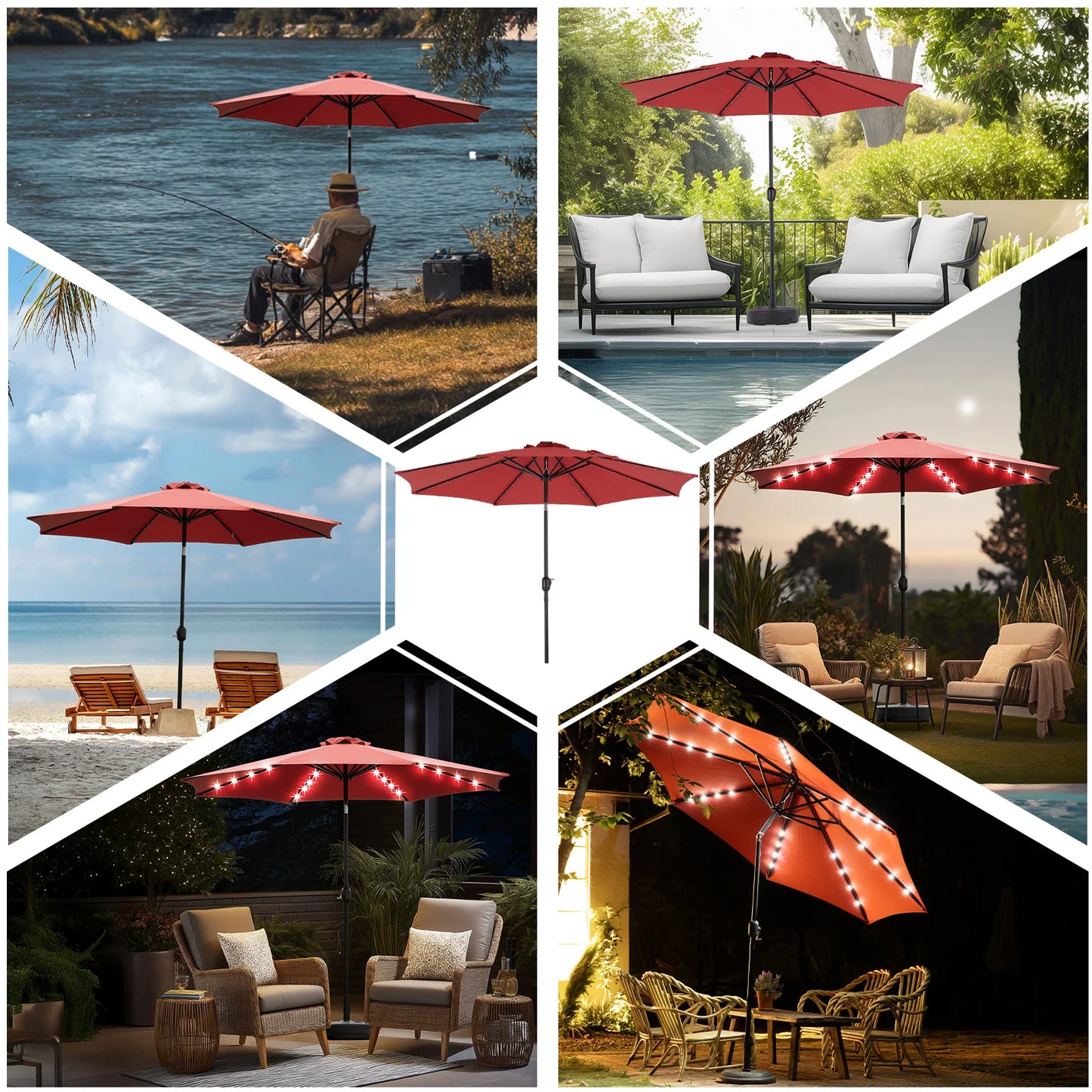 JHK Solar Patio Umbrella With 32 LED Lights Outdoor Shade
