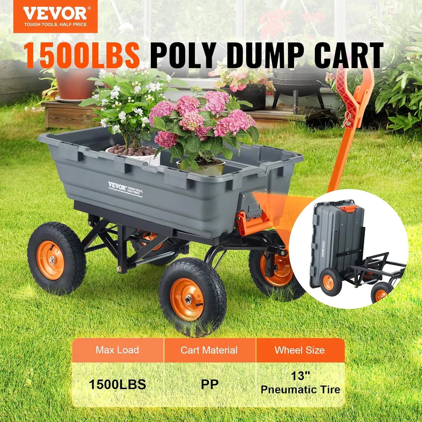Poly Garden Dump Cart Wheelbarrow Wagon 1500Lb AllTerrain 13In Wheels