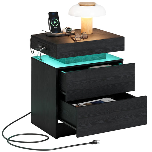 LIKIMIO Nightstand With Charging Station And Led Light Drawers