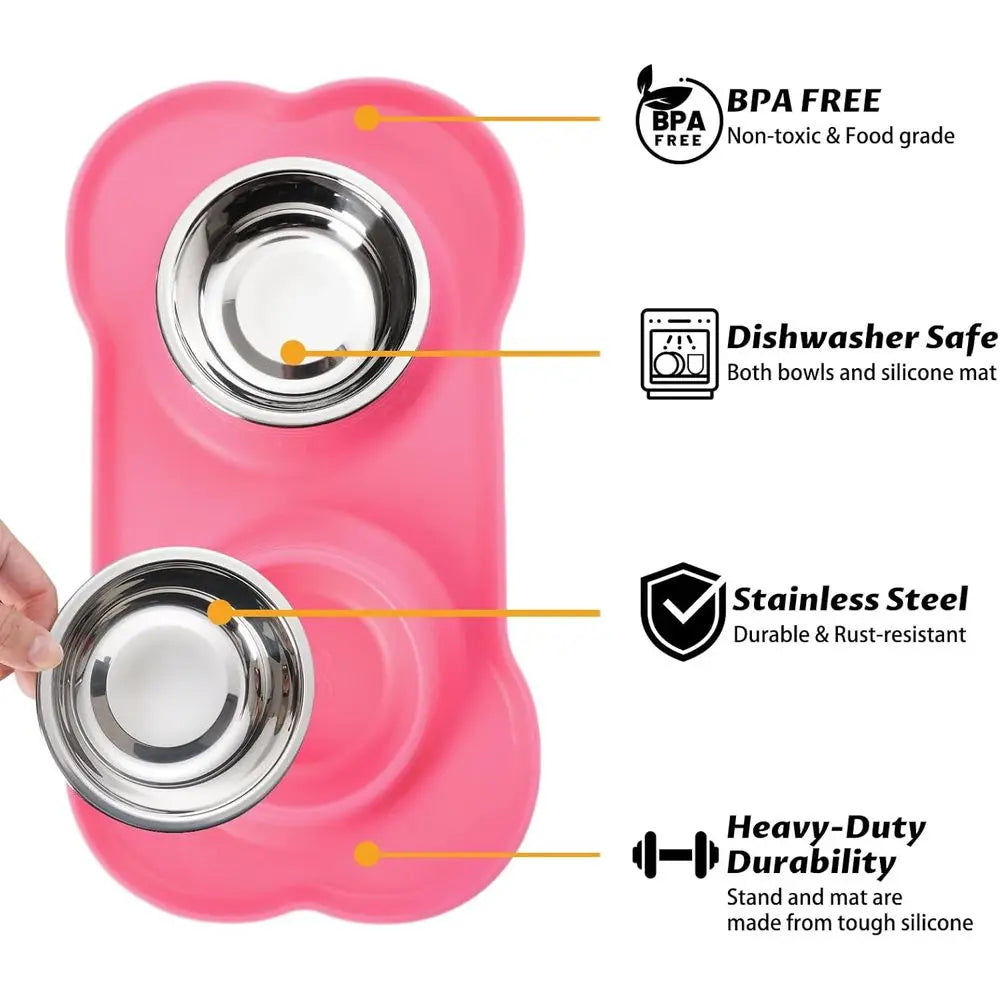 Stainless Steel Dog Bowls Set With No Spill Silicone Mat