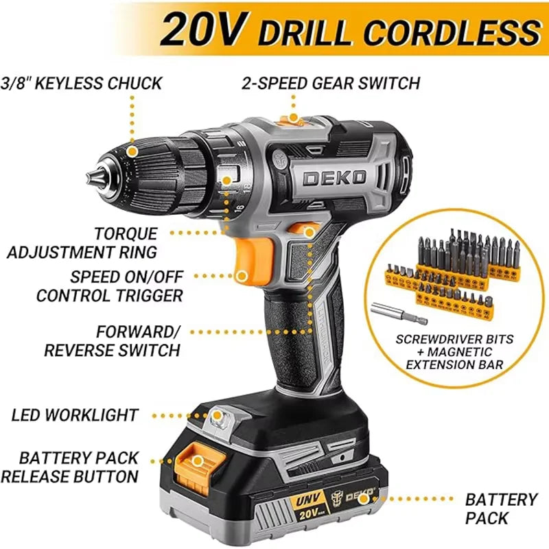 DEKO 20V Cordless Drill Kit With Battery For Household Use
