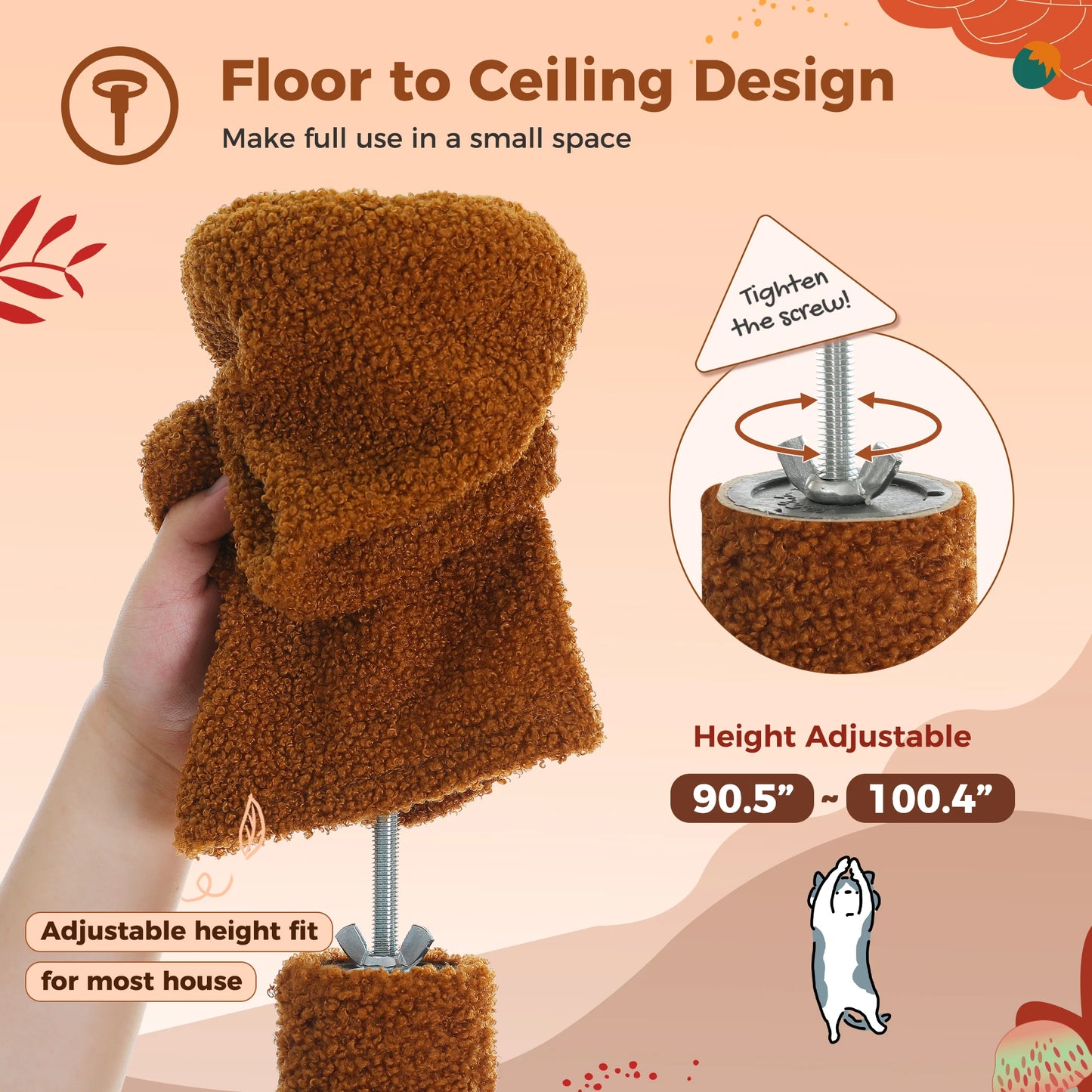 PETEPELA Cat Tree Floor To Ceiling Adjustable Height With Condo Hammock