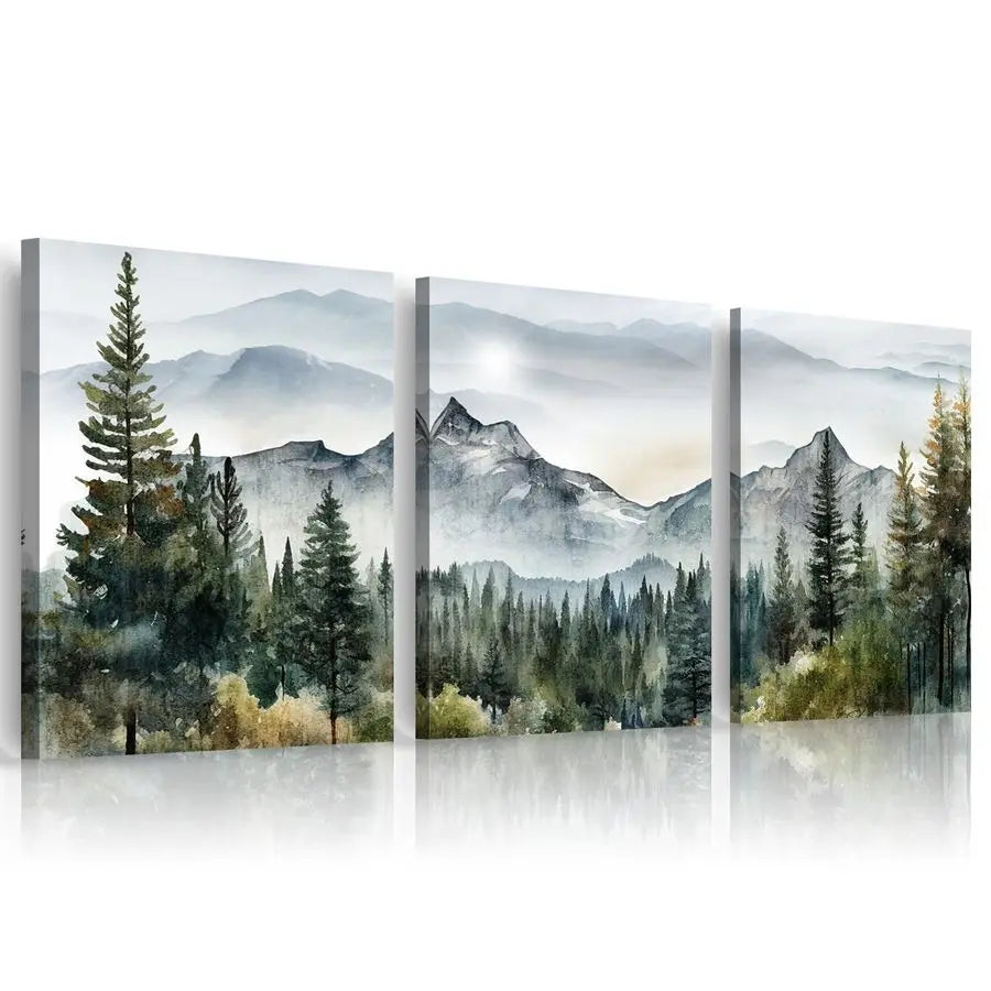 Three Piece Framed Canvas Wall Art Set Mountain Forest Abstract