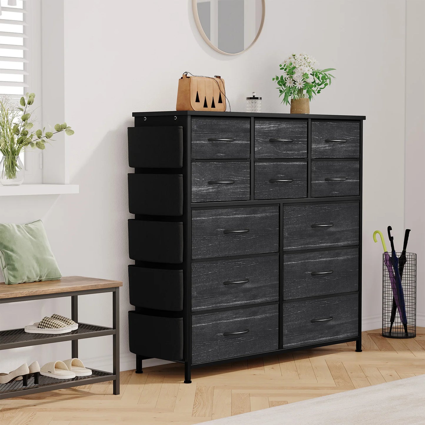 HiMISS Fabric Storage Dresser With Metal Frame And Wood Top
