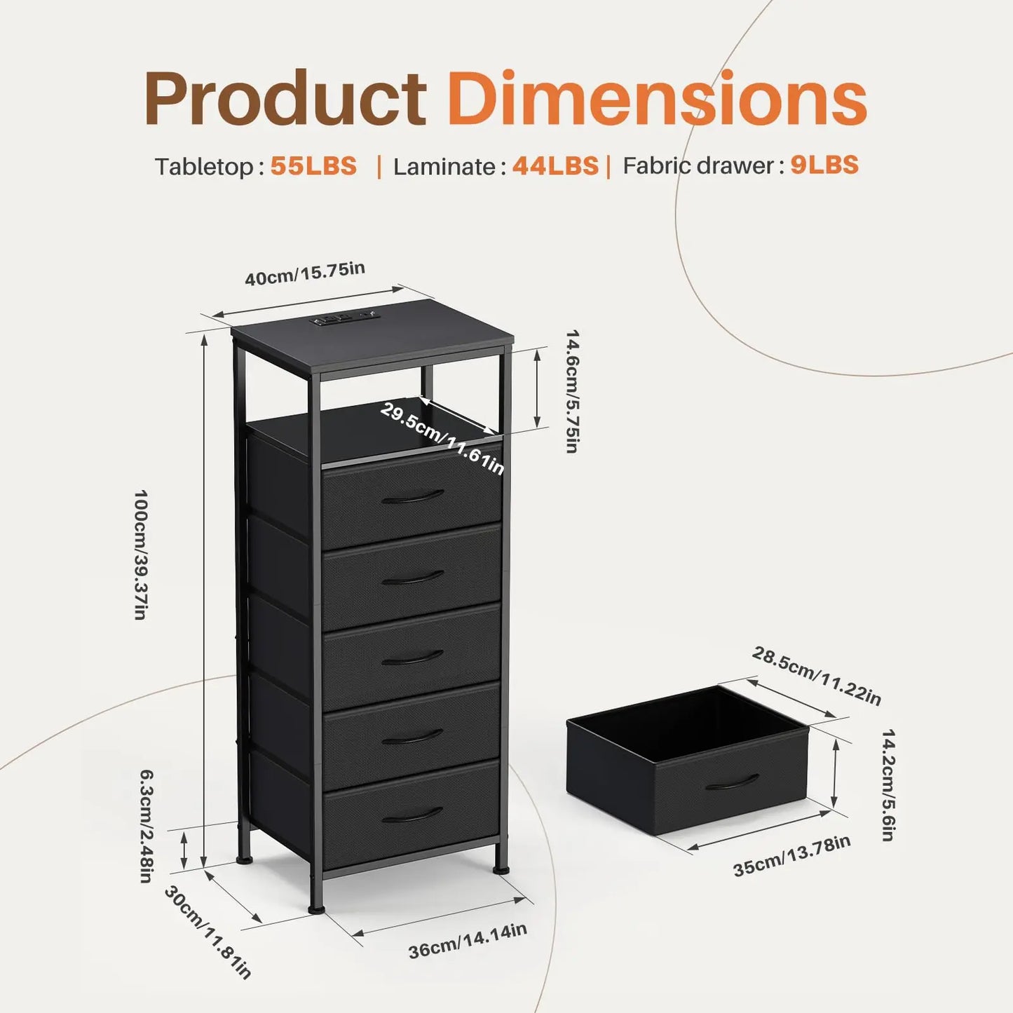 JHK 5-Drawer Dresser Nightstand With USB Charging Station