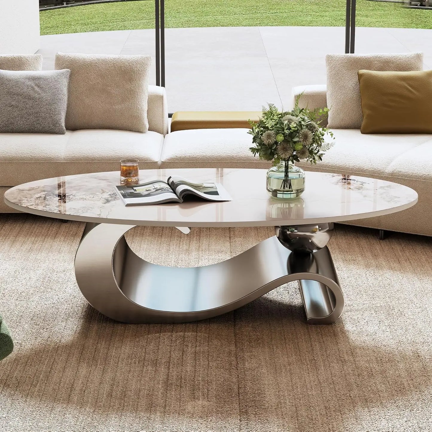 Modern Coffee Table Stainless Steel Pedestal And Faux Stone Top