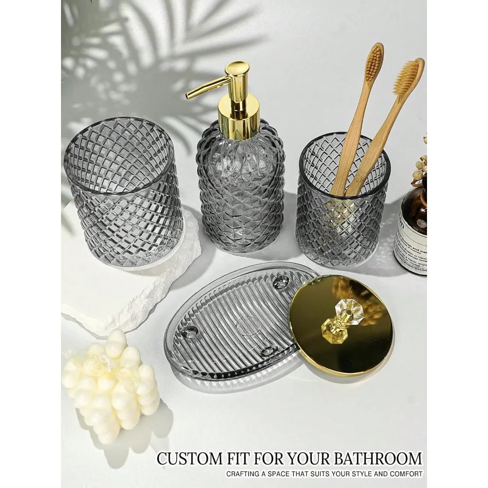 Bathroom Accessories Set 4 Lotion Dispenser Toothbrush Holder Cotton Swab Jar