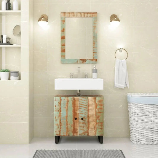 Rustic Reclaimed Wood Farmhouse Bathroom Vanity Set With Mirror