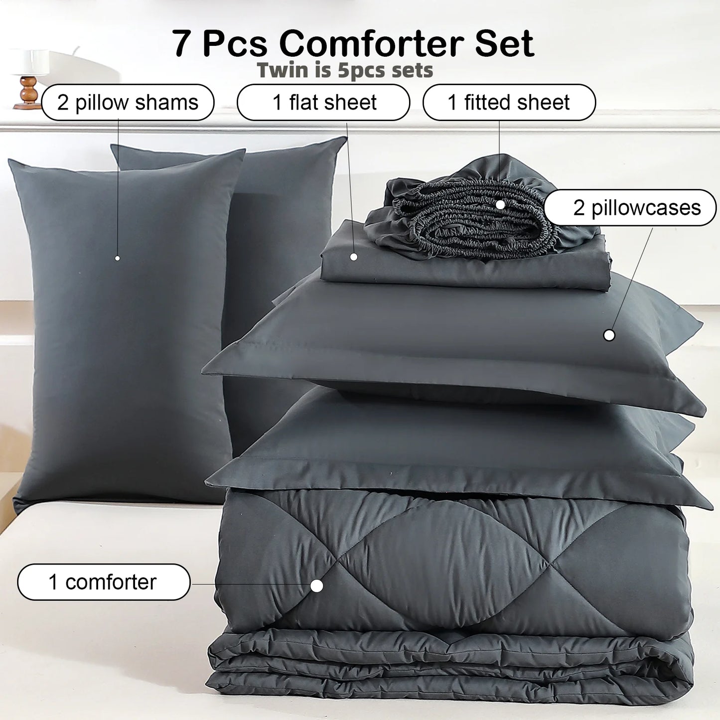 EasYum 7 Piece Bedding Set Comforter Flat Fitted Sheet Pillowcase
