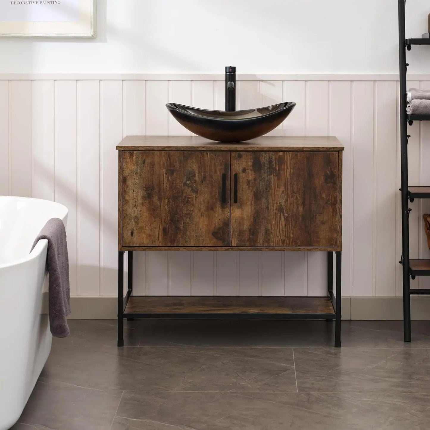 Rustic Industrial Bathroom Vanity With Sink Iron Frame Doors and Shelf