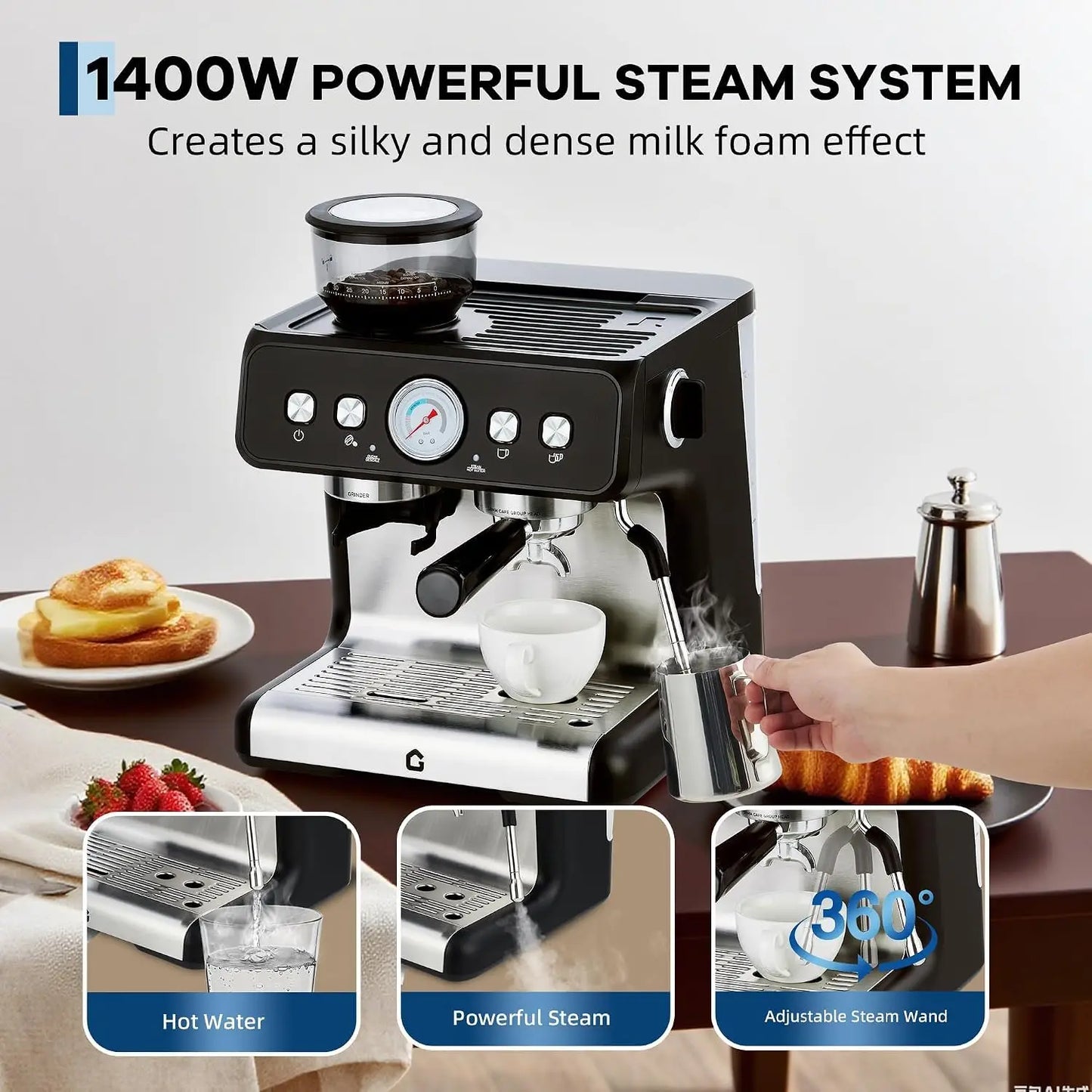 HiMISS Espresso Machine With Integrated Conical Burr Grinder