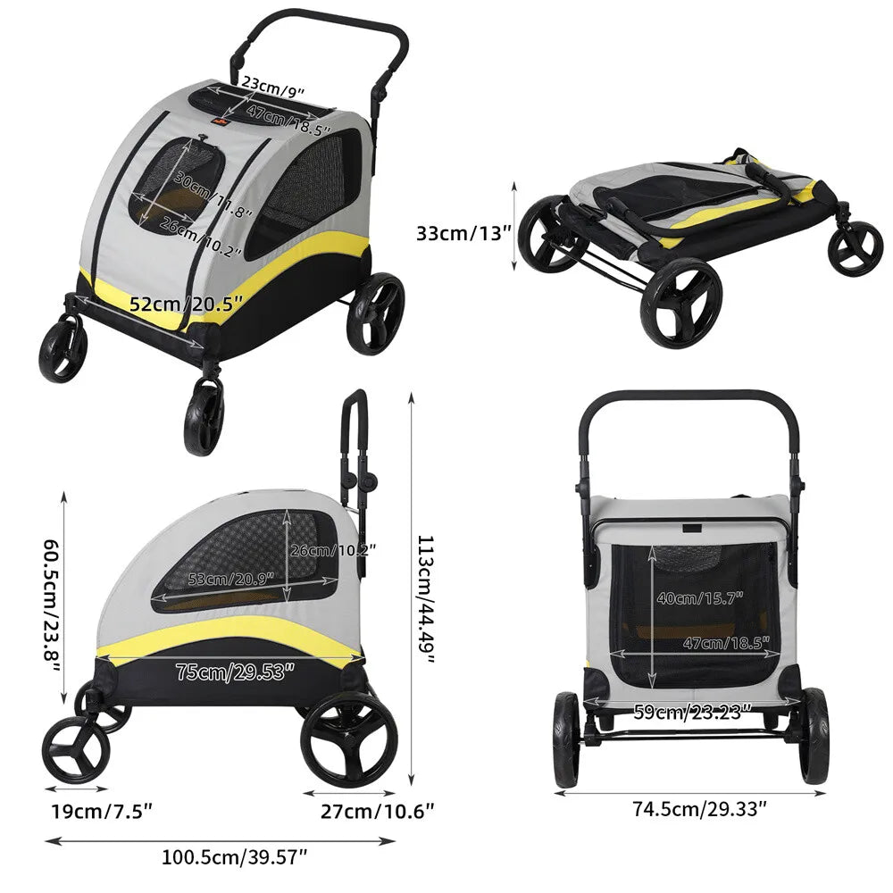 Premium All Breeds Dog Stroller Pram 4 Wheel Foldable Cart