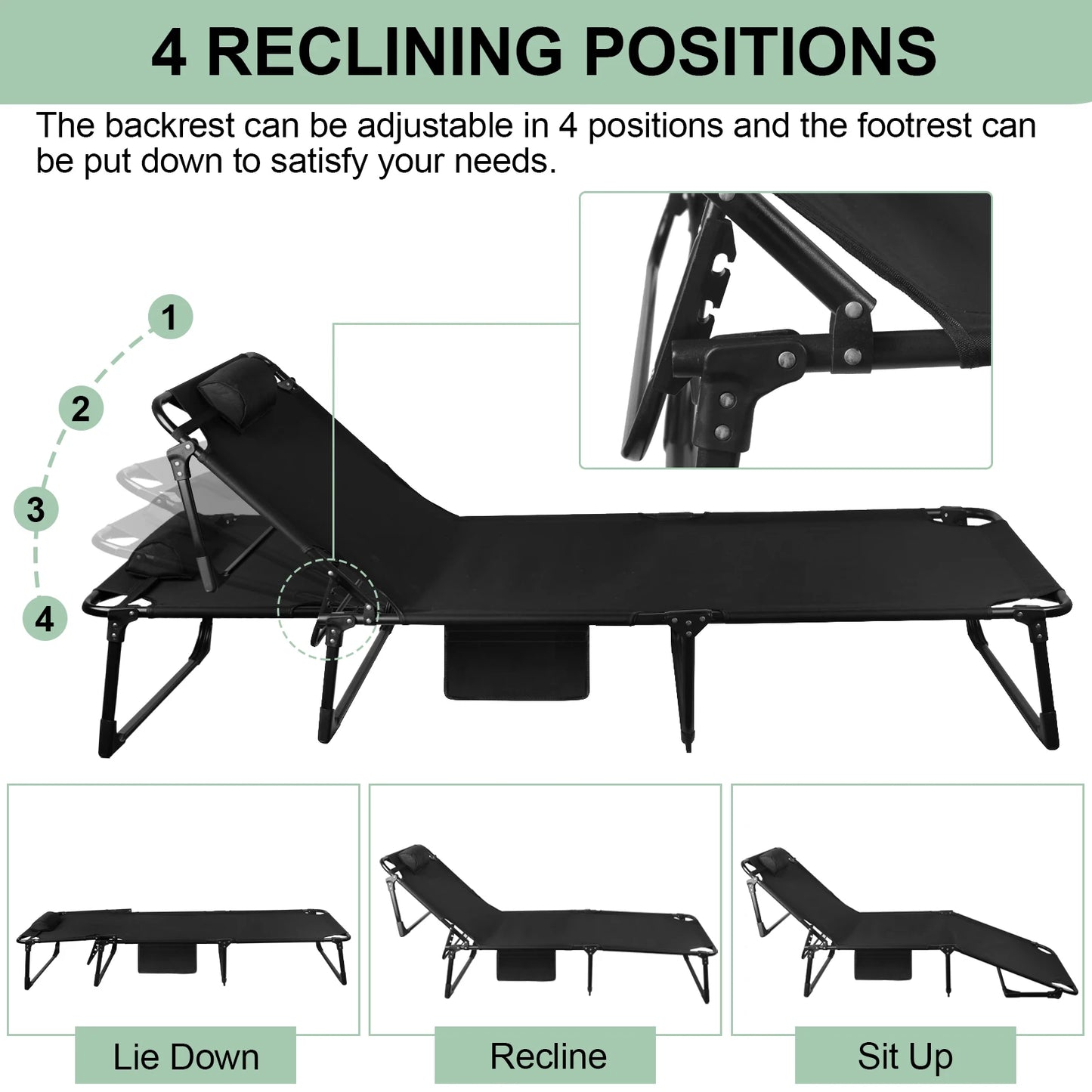 Portable Folding Camping Cot With Adjustable Reclining Pillow