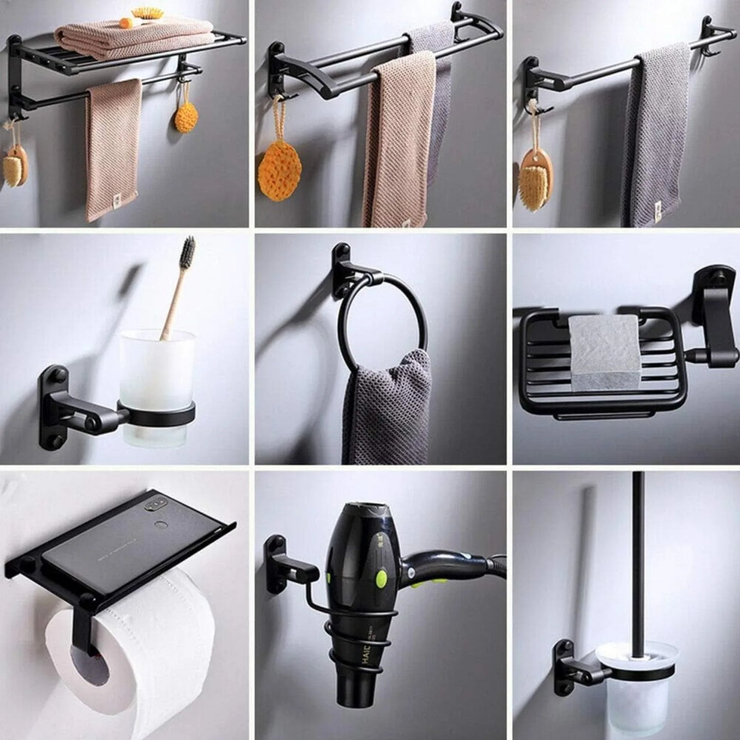 Aluminum 9 Piece Bathroom Hardware Set Towel Bars And Accessories