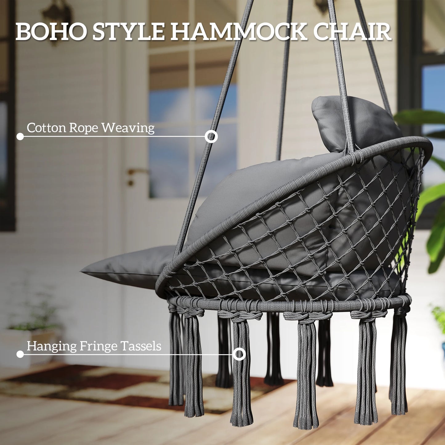 Outsunny Macrame Hanging Hammock Chair With Comfortable Patio Cushion