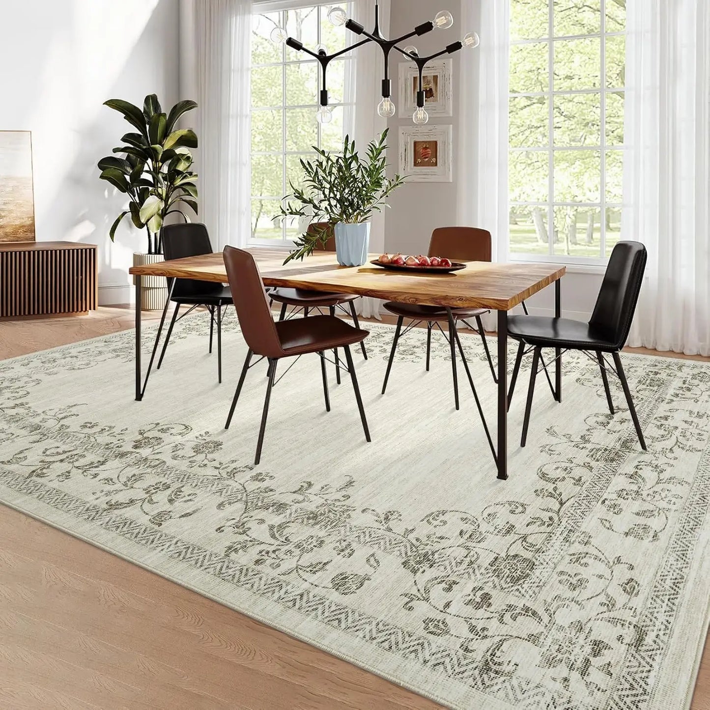 HiMISS Washable Area Rug Floral Border For Living Room
