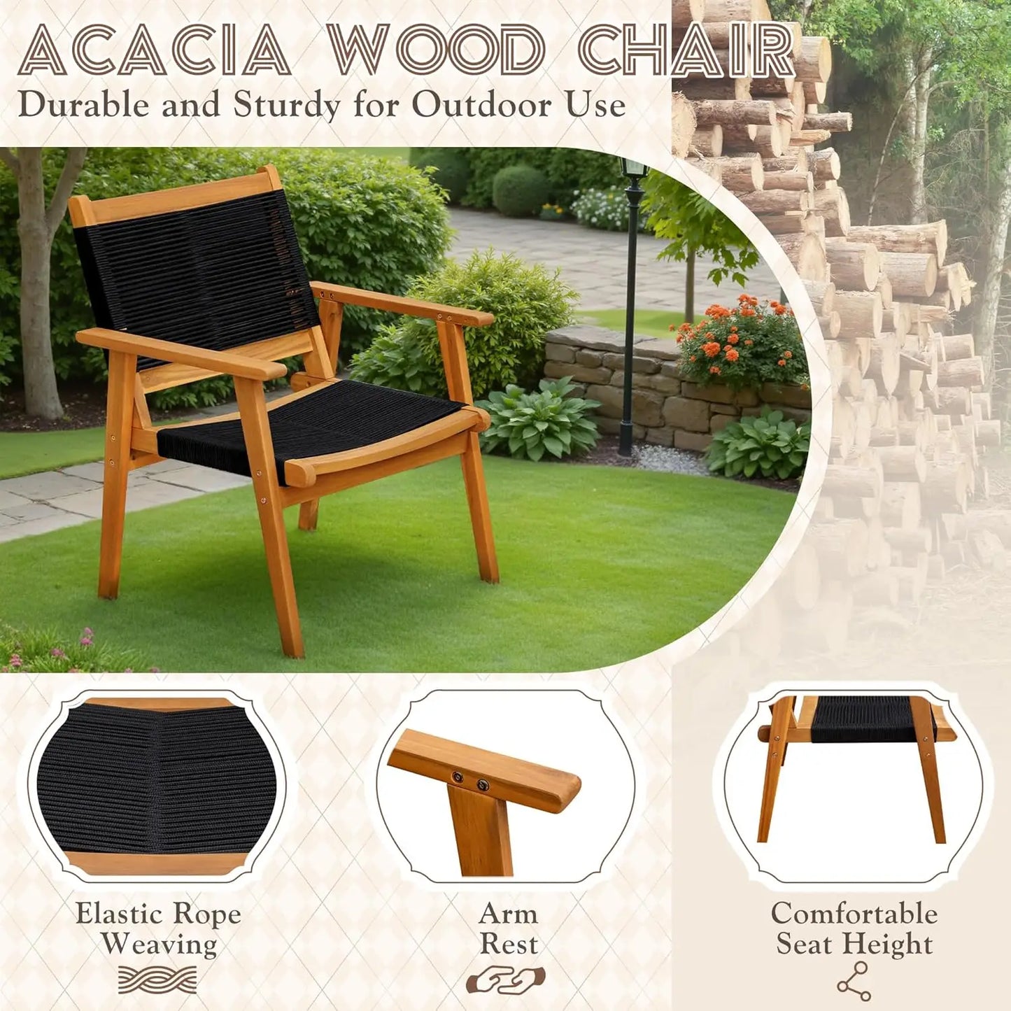 Acacia Wood 4 Piece Conversation Set Hand Woven Rope Seats