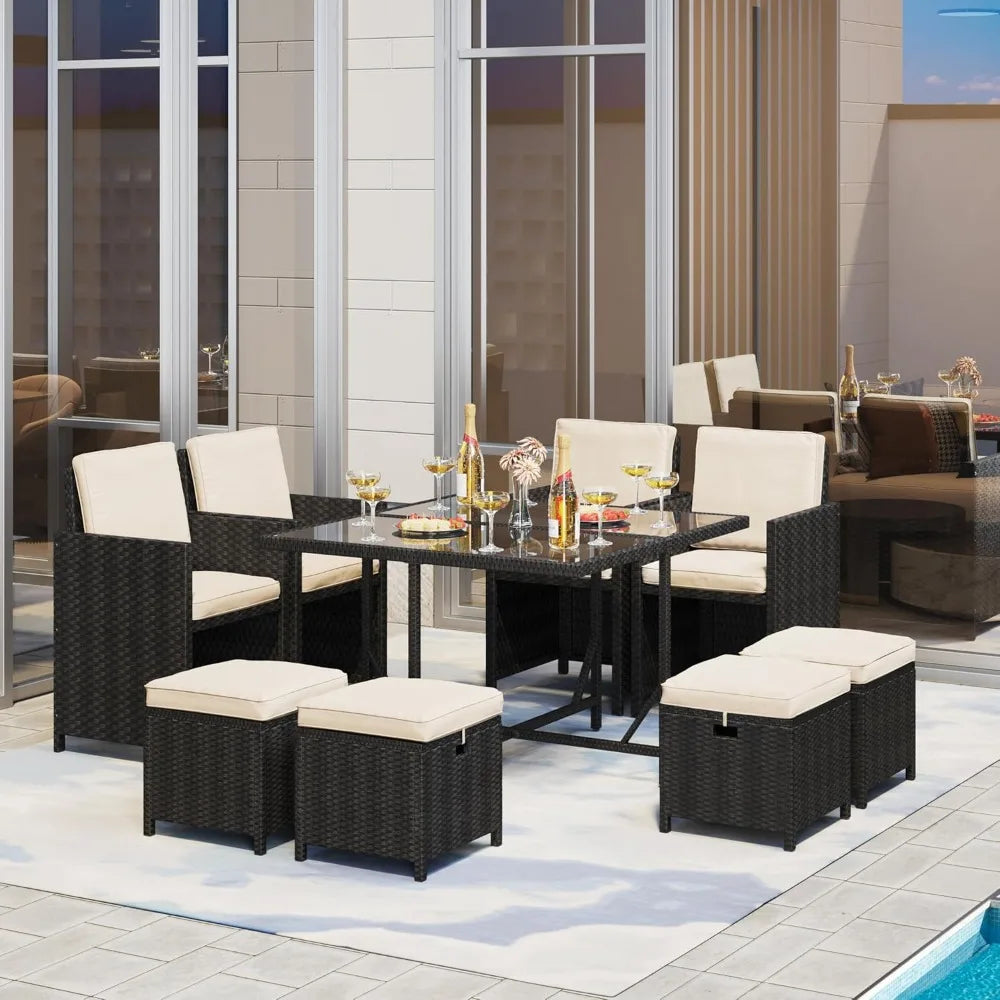 9 Piece Patio Dining Set Outdoor Rattan Chairs With Glass Table