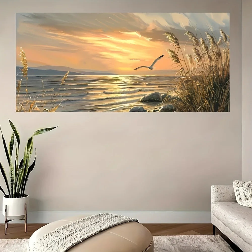 Sunset Beach Art Seascape Canvas Painting On Pine Frame