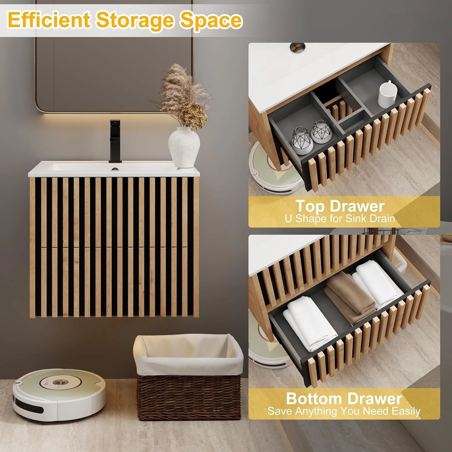 Floating Bathroom Vanity With Sink And Two Fluted Drawers