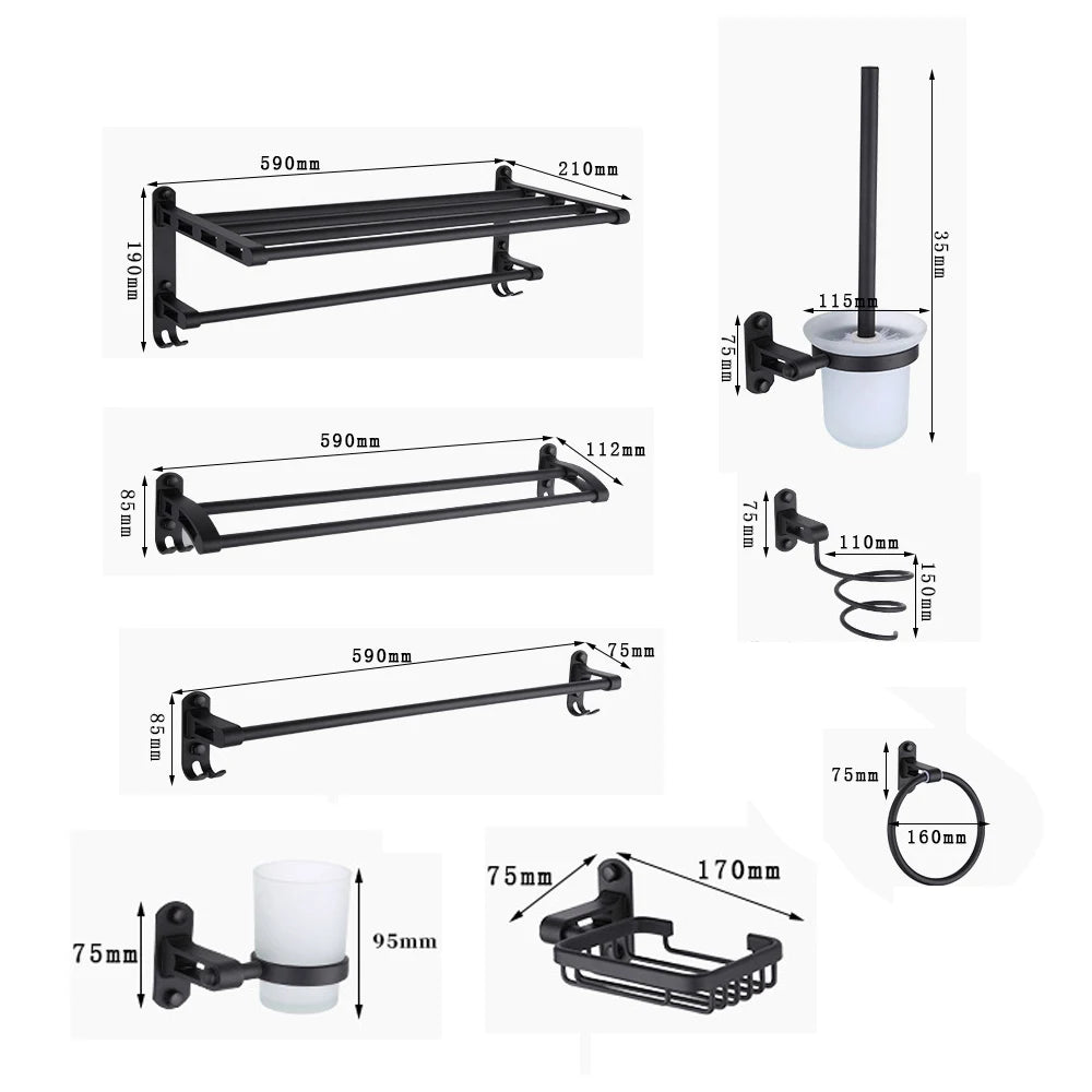 Aluminum 9 Piece Bathroom Hardware Set Towel Bars And Accessories