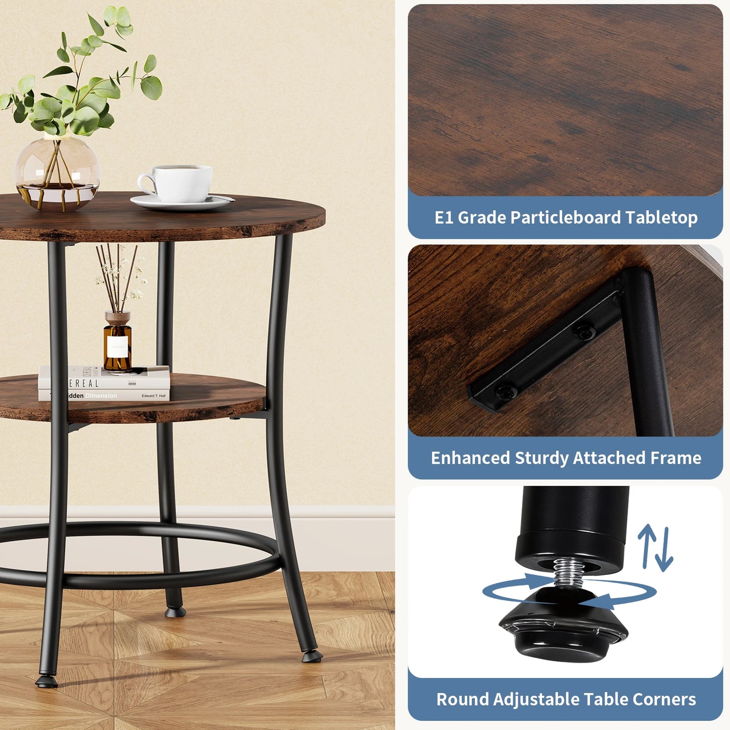 JHK Round Coffee Table With Storage Shelf, 2-Tier Design