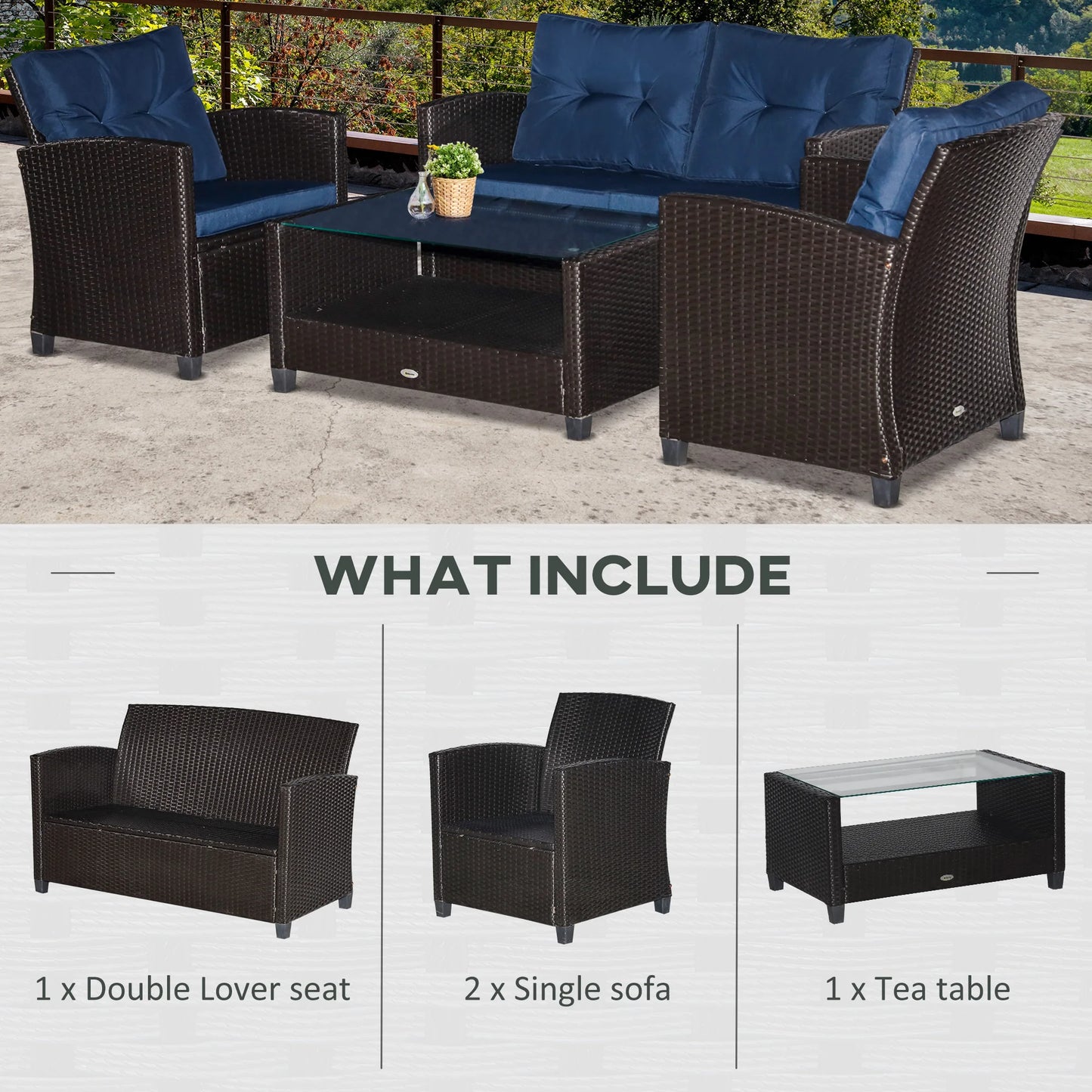 Outdoor Wicker Patio Furniture Set With Tufted Cushions And 2 Tier Coffee Table