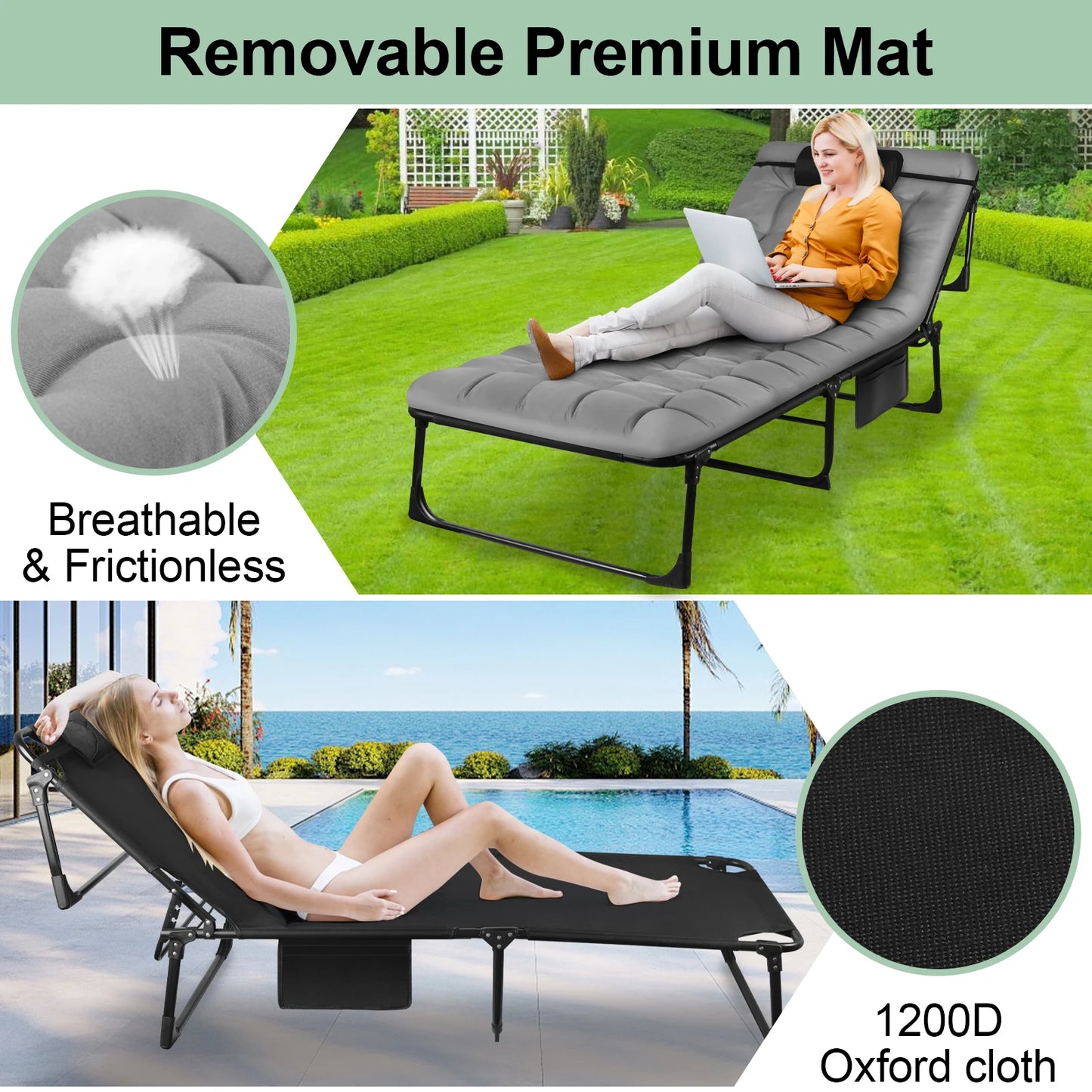 Portable Folding Camping Cot With Adjustable Reclining Pillow