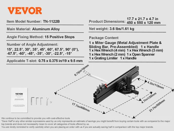 SucceBuy Precision Miter Gauge With 15 Angle Stops