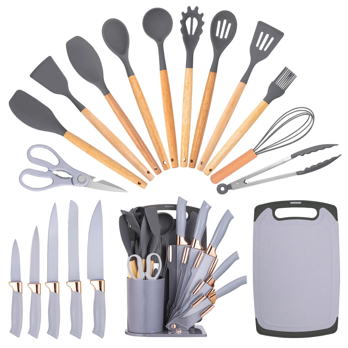Professional Kitchen Knife Set With Silicone Utensils And Cutting Board