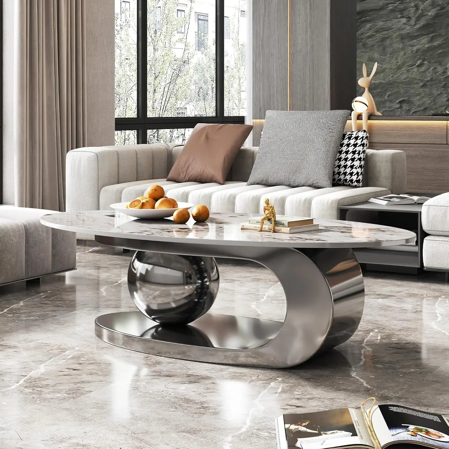 Modern Coffee Table Stainless Steel Pedestal And Faux Stone Top