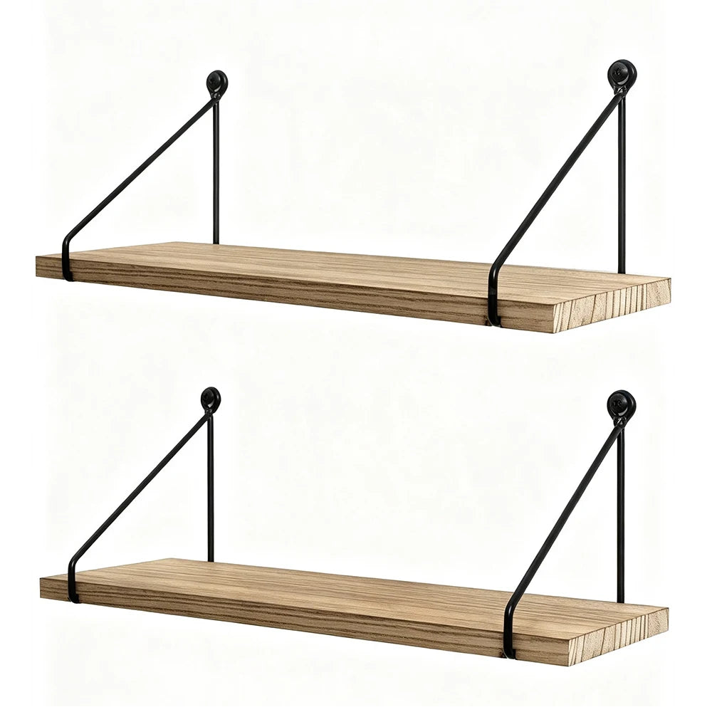 Modern Floating Wall Shelves, Dual Tier Wood Display Storage Organizer