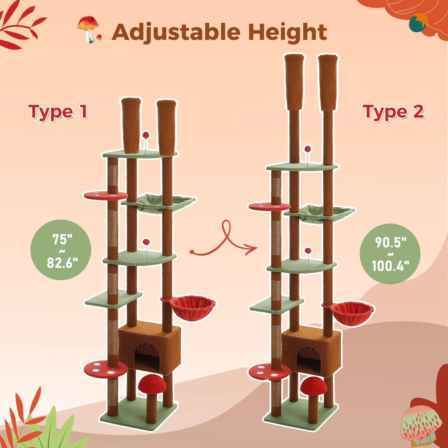 PETEPELA Cat Tree Floor To Ceiling Adjustable Height With Condo Hammock