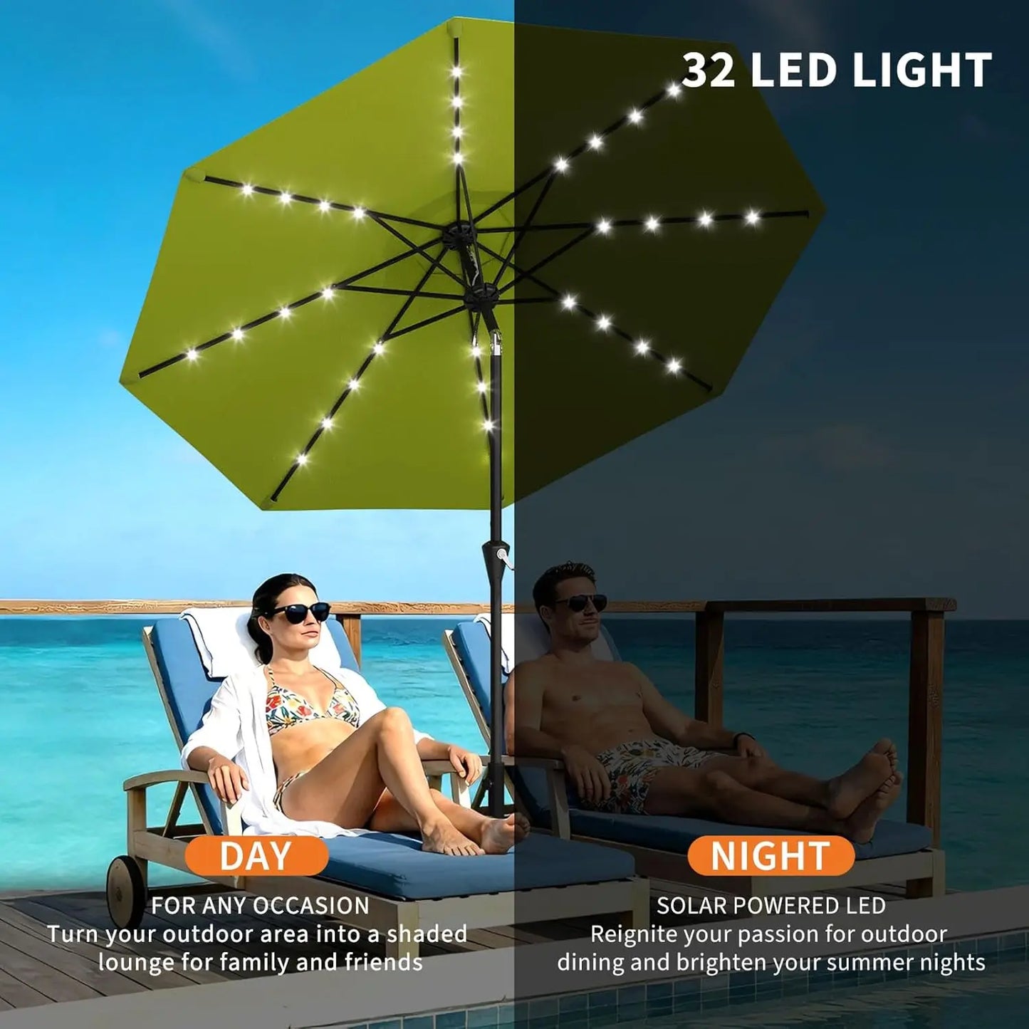 HiMISS Solar Patio Umbrella With 32 LED Lights And Crank Lift