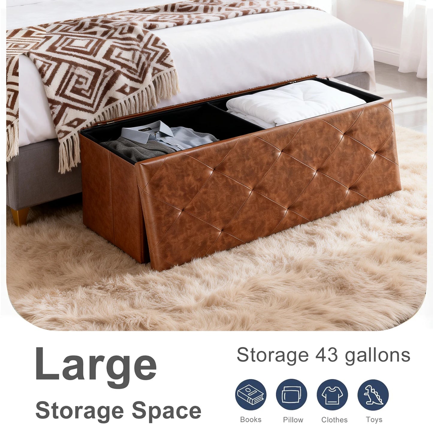 Tufted Faux Leather Storage Bench Ottoman With 400lb Capacity