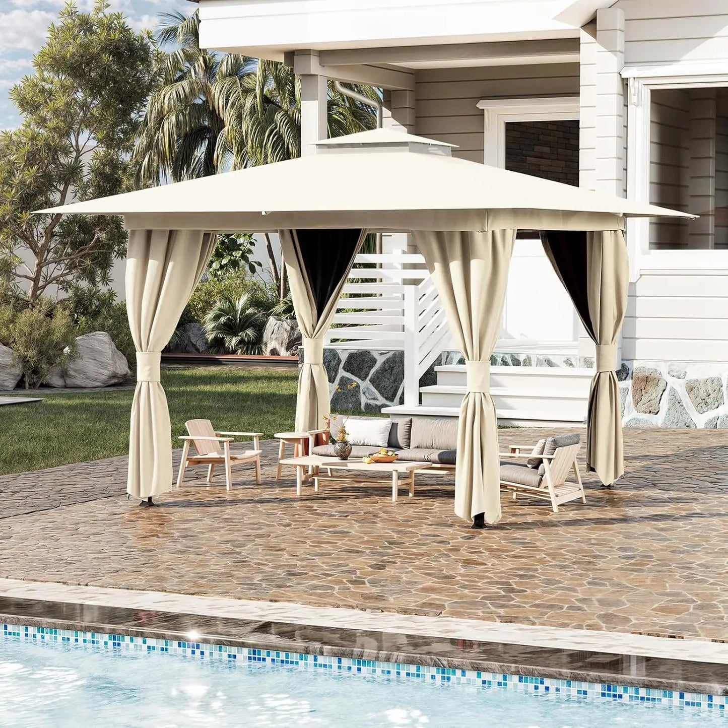 Outdoor Gazebo With Double Roofs Heavy Duty Tent Canopy Curtains