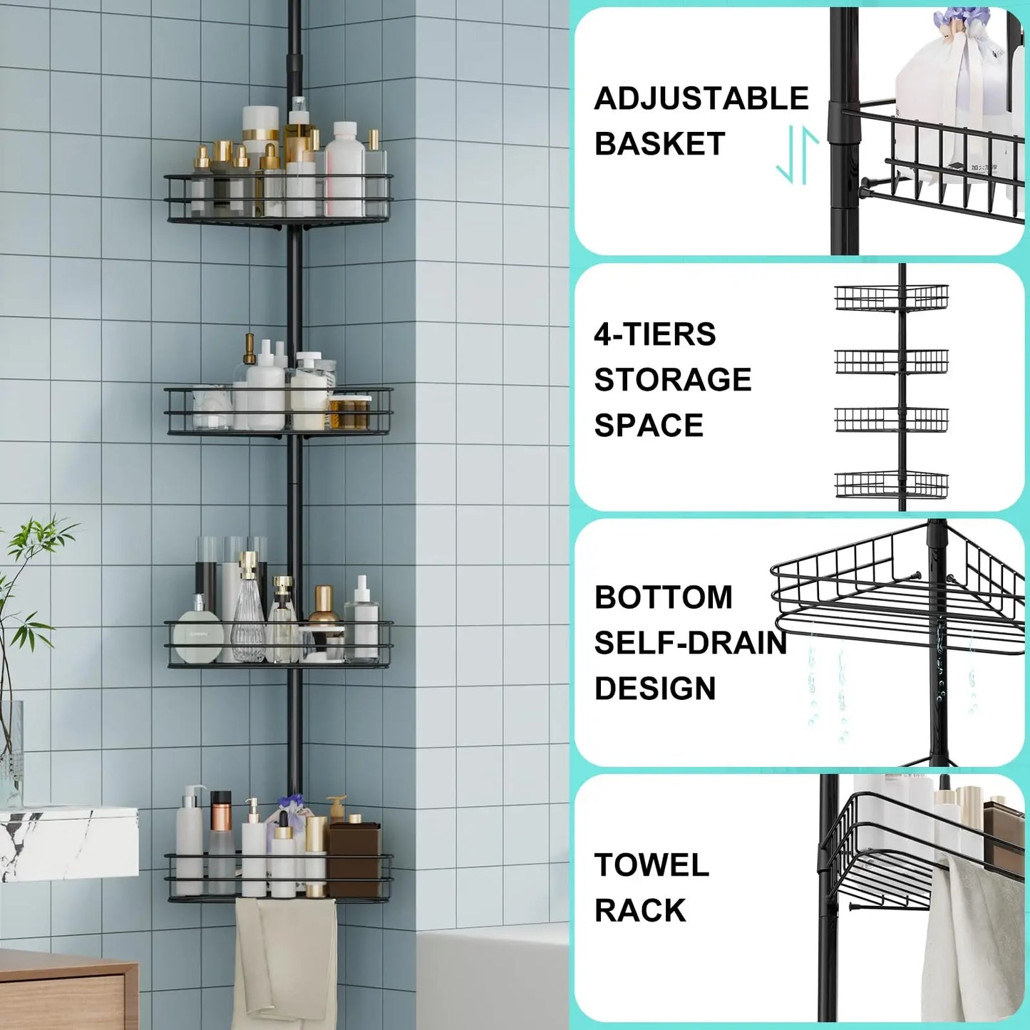 HiMISS Adjustable Bathroom Organizer Shelves With Built In Towel Bars