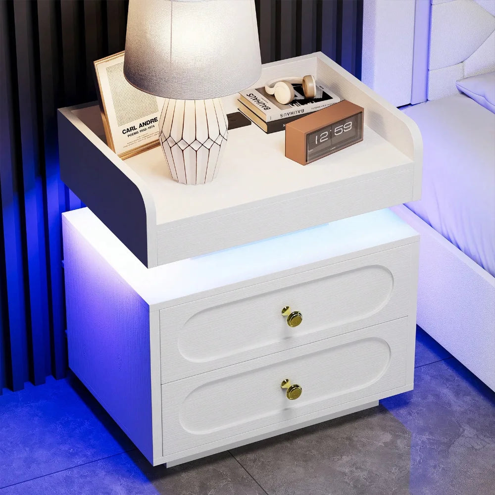 Nightstand With Charging Station And LED Lighting Modern Bedside Table