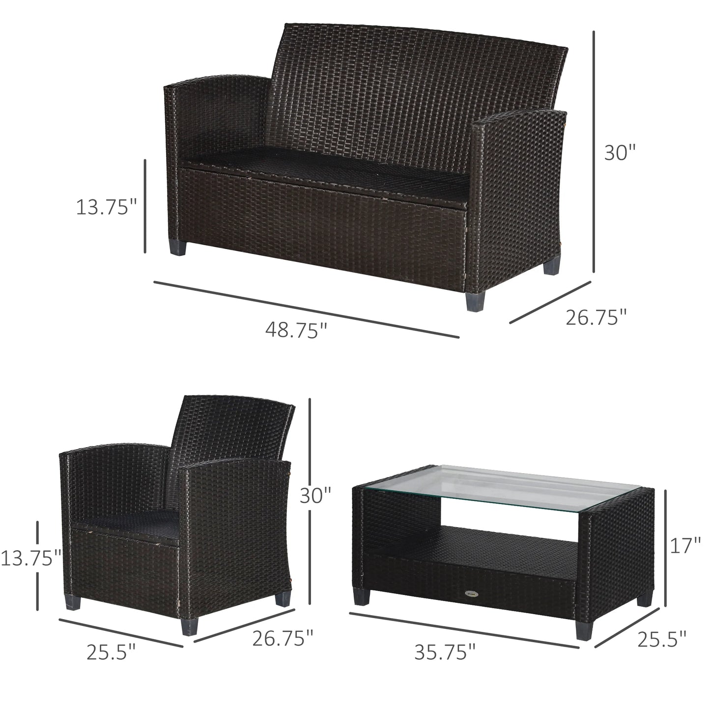 Outdoor Wicker Patio Furniture Set With Tufted Cushions And 2 Tier Coffee Table