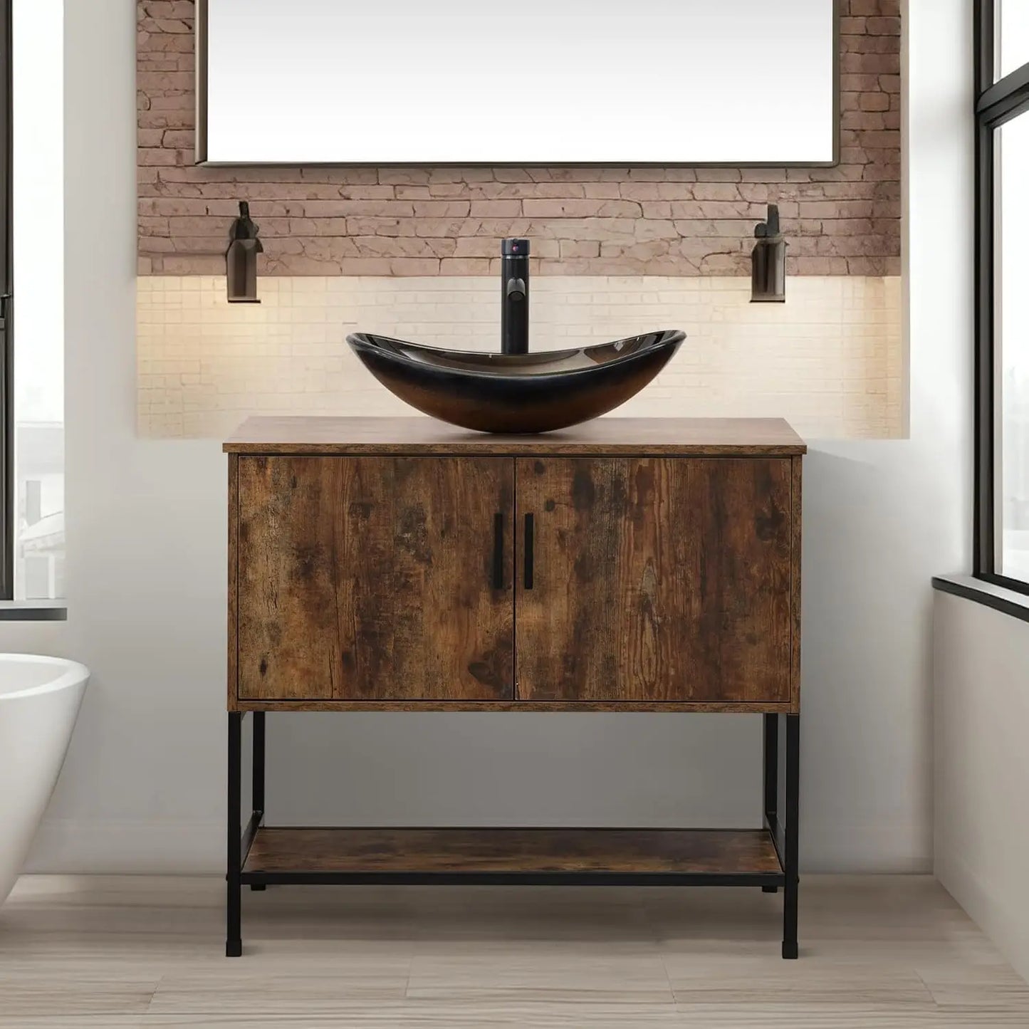 Rustic Industrial Bathroom Vanity With Sink Iron Frame Doors and Shelf