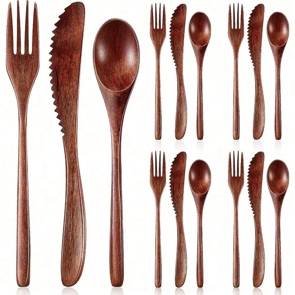 Wooden Utensil Set 12 Pieces Spoons Forks Knives Cutlery