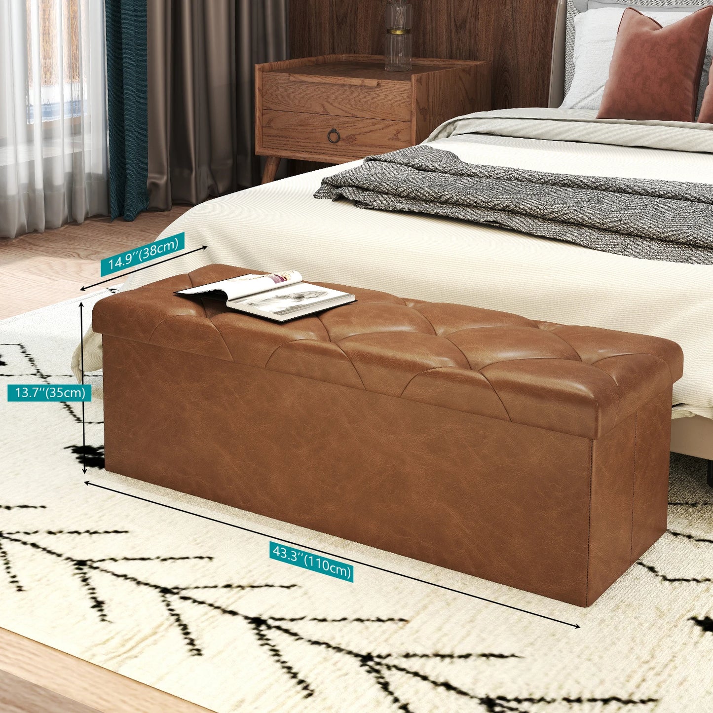 Tufted Faux Leather Storage Bench Ottoman With 400lb Capacity